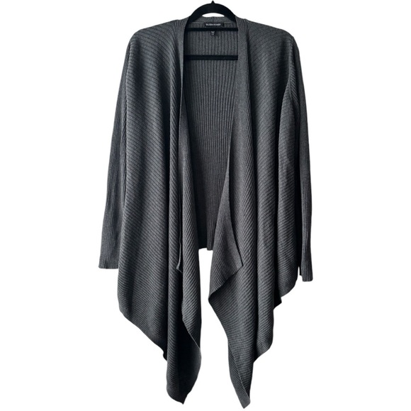 Eileen Fisher | Gray Wool Ribbed Angle Front Waterfall Cardigan - Picture 2 of 11